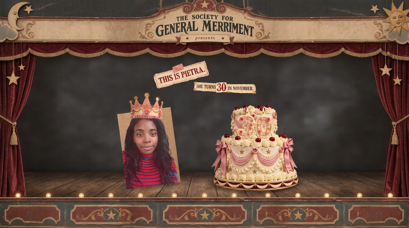 A theatre stage beneath a sign reading The Society for General Merriment presents, with Pietra wearing a crown beside a tiered birthday cake marked 30.