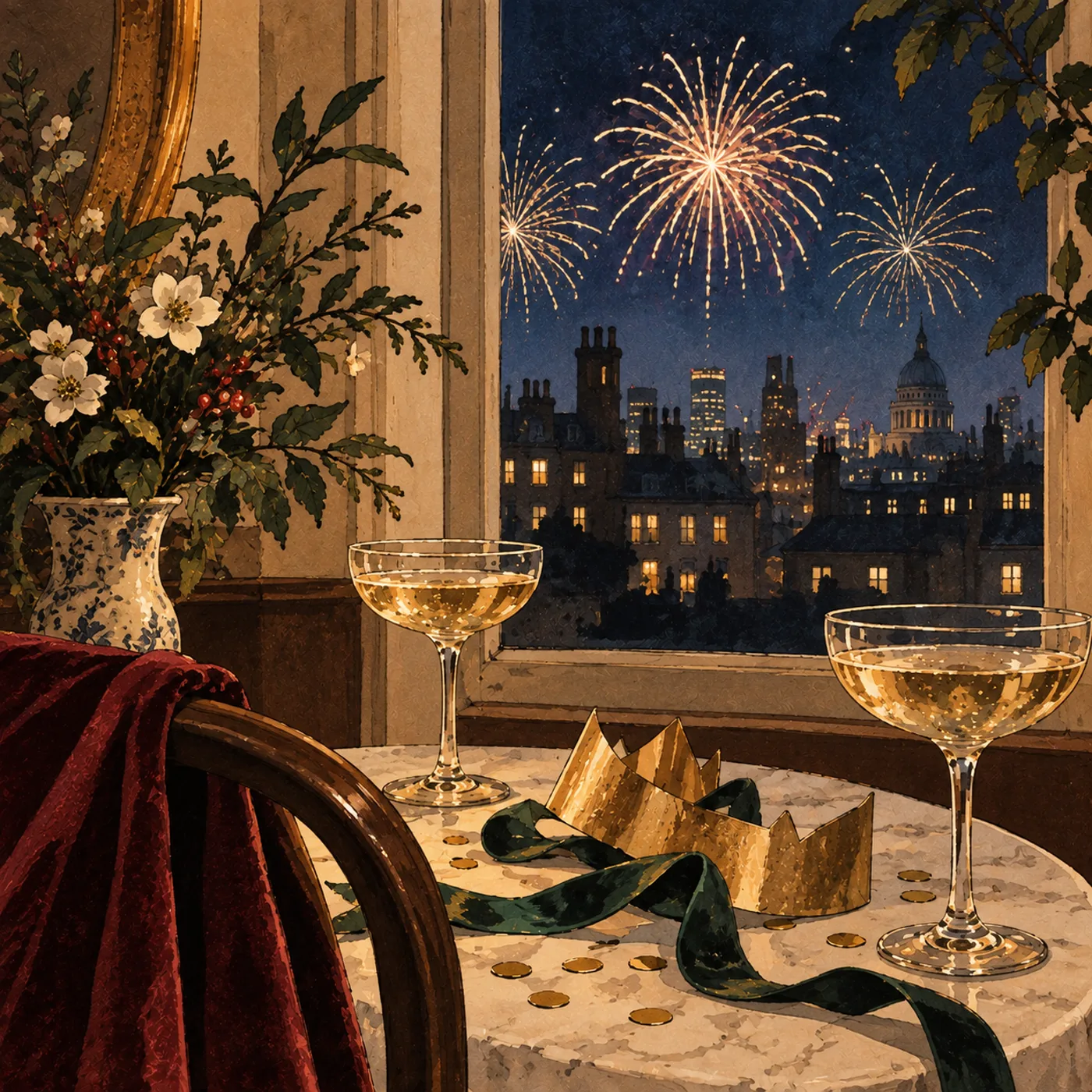 Two glasses beside a window overlooking London on New Year’s Eve.