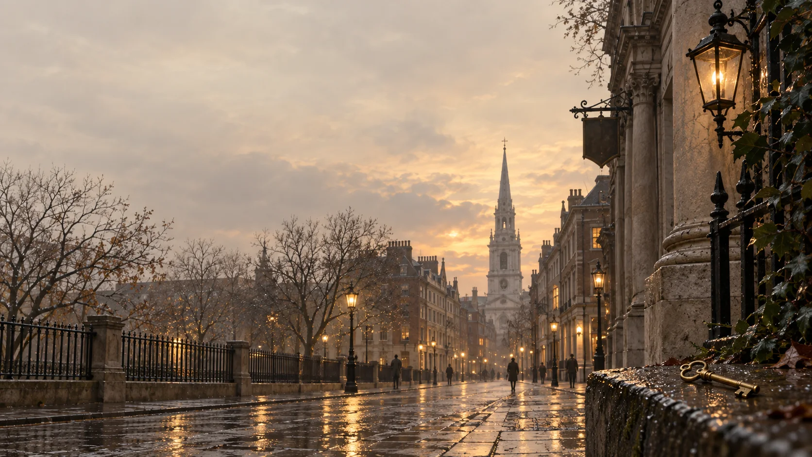Fleet Street at dusk after rain, with glowing lamps and an antique key in the foreground