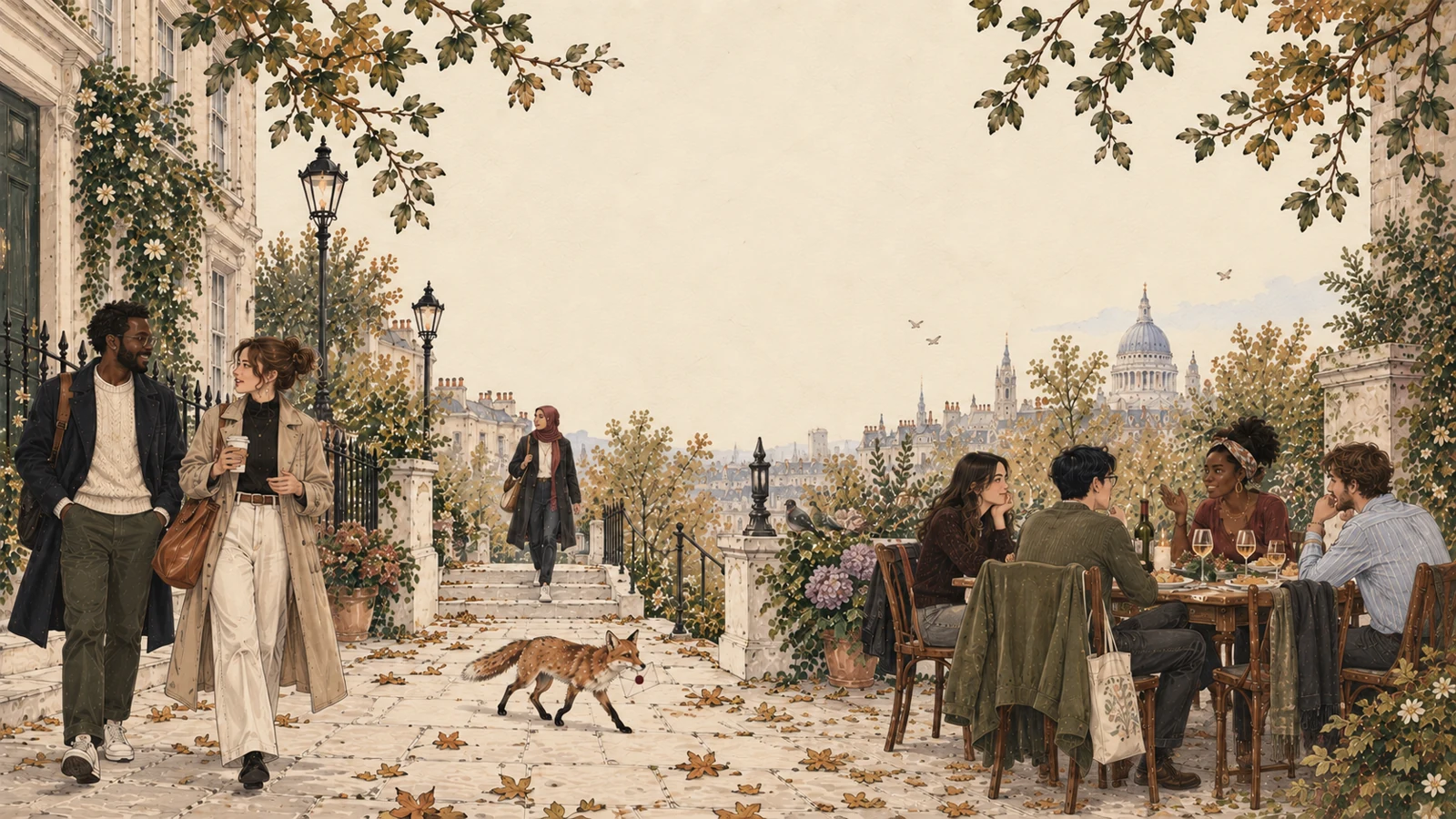 People walking and dining together on a London terrace